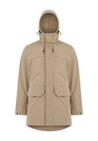 Beżowa wodoodporna kurtka z wysokim kołnierzem, regulowanym kapturem, dwoma dużymi przednimi kieszeniami i prostym krojem. Gładka tekstura i minimalistyczny design.