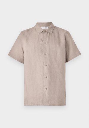 Short-sleeve, button-up shirt in light beige linen fabric. Features a spread collar and front placket with matching buttons. Smooth texture.
