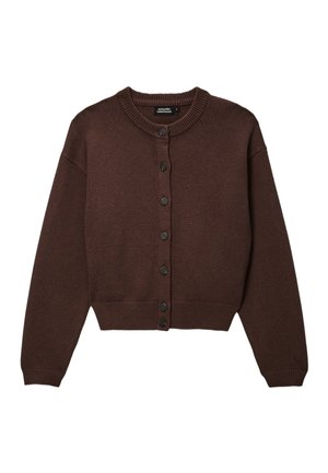 Cardigan marron en tricot à boutons, manches longues, col, poignets et ourlet côtelés, présenté sur fond blanc.
