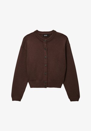 Cardigan marron en tricot à boutons, manches longues, col, poignets et ourlet côtelés, présenté sur fond blanc.
