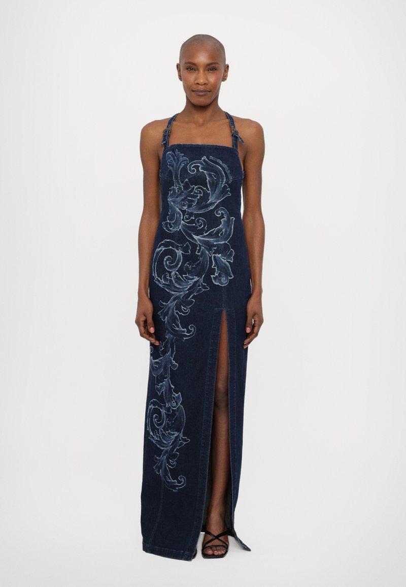 versace dress blue 2006 Versace Strappy Keyhole Blue Runway Dress