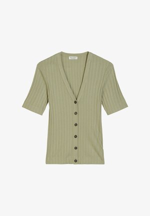 Olijfgroene geribbelde korte mouwen cardigan met een V-hals, voorzien van een sluiting met zes knopen en een gladde brei-textuur.