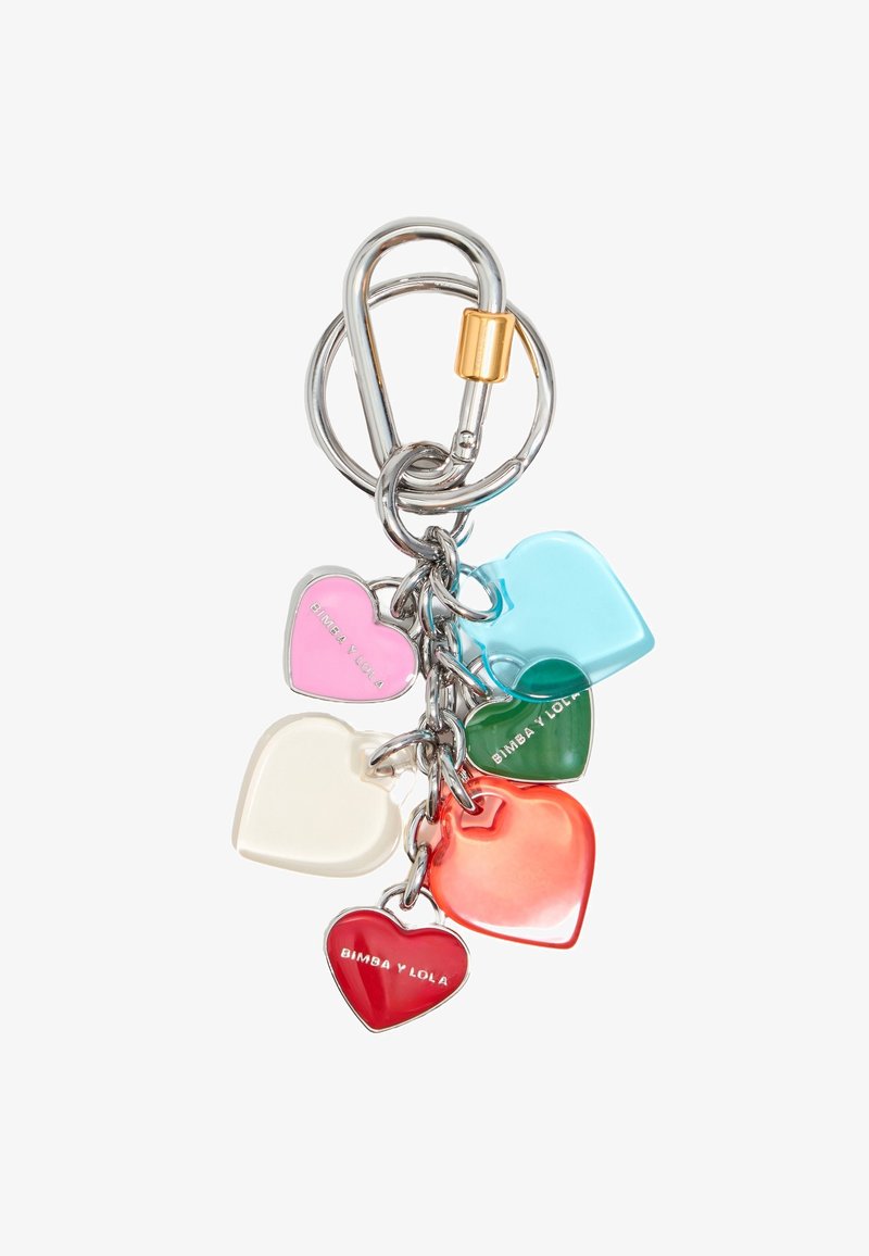 Heart-shaped keychain with five colorful acrylic charms in pink, blue, green, red, and white, attached to a silver metal keyring with gold accents.