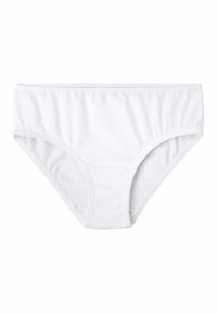 Slip bikini bianchi in cotone con parte frontale foderata, vita elastica e lati arricciati. Texture liscia, senza motivi o elementi metallici visibili.