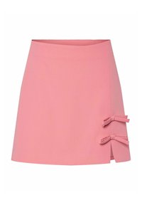 Rosa miniskjørt med en myk tekstur, med to dekorative sløyfer på venstre side og en rett kant. Laget av lett stoff.