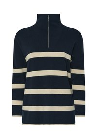 Pullover a maglia blu navy con alto collo, caratterizzato da strisce orizzontali color crema e una cerniera corta sul collo. Texture morbida.