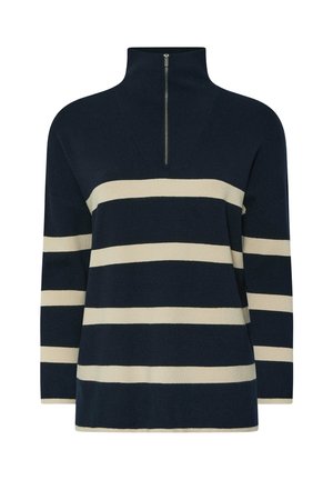 Pullover a maglia blu navy con alto collo, caratterizzato da strisce orizzontali color crema e una cerniera corta sul collo. Texture morbida.