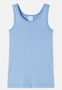 Námořnicky modrý bezrukávový top z bavlny, zdobený bílými puntíky, se kulatým výstřihem a rovnými okraji. Štítek na krku.