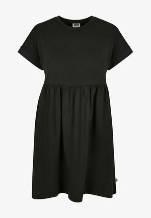 Mustast puuvillakleidist lühikeste varrukatega, ümar kaelus ja kogutud taljejoon. Pehme tekstuur, põlveliigiline, minimaalne disain, väike roheline sildiga detail.