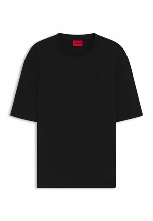 Schwarzes Kurzarm-T-Shirt aus Baumwolle, mit Rundhalsausschnitt und geprägtem Logo auf der Vorderseite, in lockerer, lässiger Passform.