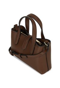 Hnědá kožená kabelka s dvojitými krátkými ušima, zipovým uzavřením a kontrastním černým lemováním. Kompaktní design s plochým dnem.