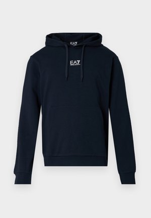Navy hooded sweatshirt made of soft fabric, featuring a kangaroo pocket and a logo on the chest. Straight cut with ribbed cuffs and hem.
