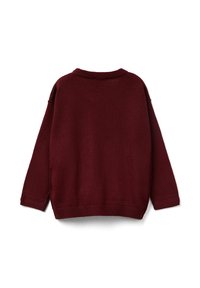 Maglione in maglia color marrone scuro a maniche lunghe con polsini, orlo e scollatura rotonda a coste, mostrato disteso su uno sfondo bianco.