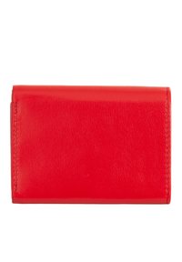 Portafoglio in pelle rossa con una texture liscia, forma rettangolare e cuciture visibili lungo i bordi. Design semplice e compatto.