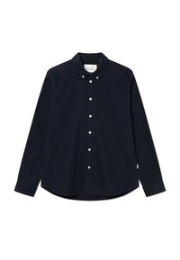 Camicia in cotone blu navy a maniche lunghe con bottoni, colletto alla coreana con bottoni, taschino sul petto e bottoni bianchi. Tessuto dalla trama liscia.
