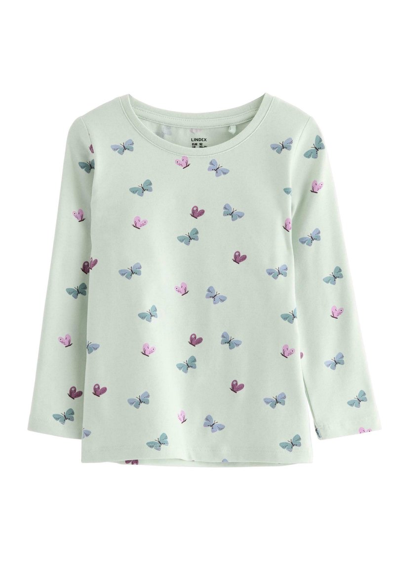 Grøn langærmet top med en sommerfugleprint i blå, lilla og pink. Blødt stof med rund hals og en afslappet pasform.