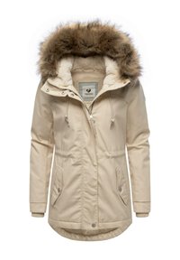 Beige parka-jack met een capuchon met nepbont, luxe interieur, ritssluiting aan de voorkant, verstelbare trekkoorden en twee voorklassen. Glad stofoppervlak.
