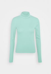 Hellgrüner Rollkragenpullover aus weichem, dehnbarem Material. Mit langen Ärmeln und enganliegendem Schnitt.