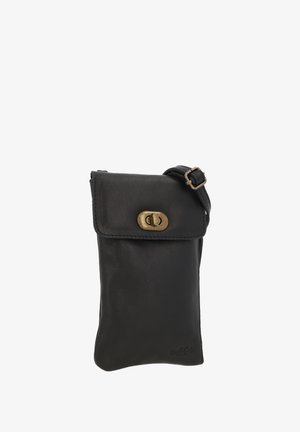 Schwarze Lederhandytasche mit Klappdeckel, Messingverschluss, verstellbarem Schultergurt und Nähdetail entlang der Kanten.