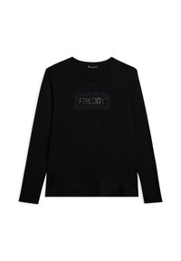 Maglietta nera a maniche lunghe in cotone con scollo rotondo. Presenta una toppa rettangolare testurizzata con la scritta "FREDDY" in strass.