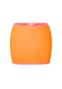 Helles orange Minikleid mit pinken Akzenten entlang des Taillenbundes und Saums, präsentiert auf einem weißen Hintergrund.