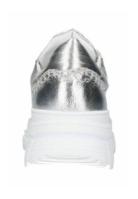 Silver metallic sneaker featuring a rounded toe, white chunky sole, and decorative stitching around the upper edge. Smooth, reflective surface.