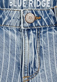 Traper šortsevi sa prugastim uzorkom u plavoj i bijeloj boji, s mesingastim dugmetom na kojem je ugravirano "BLUE RIDGE", i kontrastnim šivenjem.