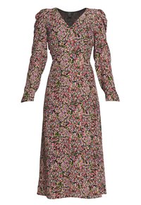 Blommig klänning med svart bakgrund, långa puffärmar, V-ringning och ett färgglatt mönster av rosa och gröna blommor.