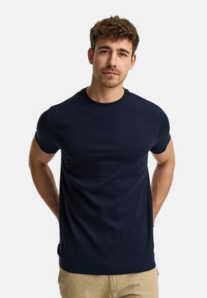 Marineblaue Kurzarm-T-Shirt, Rundhalsausschnitt, glatte Textur, taillierte Passform, ohne sichtbare Logos oder Muster. Lässig und vielseitig.