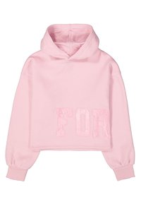 Sudadera corta rosa de material suave, con un gran "FOR" en relieve en la parte frontal, con mangas largas abullonadas y puños acanalados.