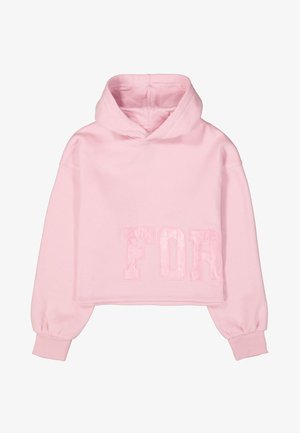 Sudadera corta rosa de material suave, con un gran "FOR" en relieve en la parte frontal, con mangas largas abullonadas y puños acanalados.
