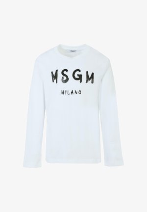 T-shirt à manches longues blanche avec le texte imprimé en noir "MSGM MILANO" dans une police épaisse et en coup de pinceau. Fabriqué en tissu de coton doux.