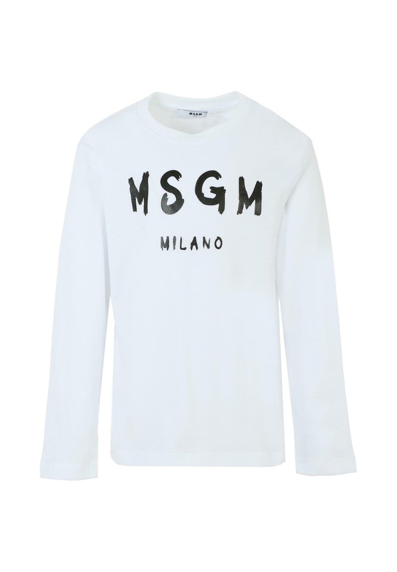 Witte lange mouwen t-shirt met zwarte gedrukt tekst "MSGM MILANO" in een vet, penseelstreeklettertype. Gemaakt van zacht katoen.