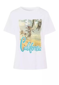 Biała koszulka z krótkim rękawem z nadrukiem plaży, palmami i napisem "California" w kolorze turkusowym. Mieszanka bawełny, luźny krój.