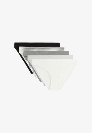 Öt női tanga stílusú bugyi egyszínű fekete, fehér, világosszürke, melírszürke, valamint fekete csíkos fehér színben.