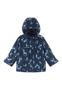 Wasserdichte Jacke, navy mit hellblauem Tierdruck. Verfügt über eine Kapuze, einen frontalen Reißverschluss und lange Ärmel mit verstellbaren Bündchen. Leichtes Material.