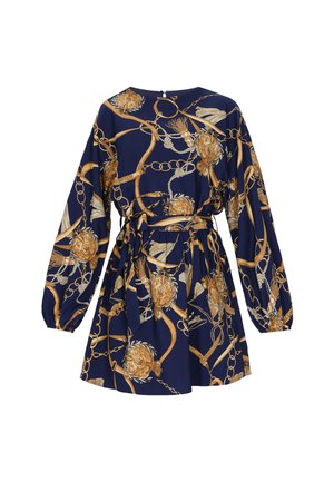 Marineblauwe jurk met lange mouwen, bedrukt met gouden kettingen, touwen en medaillons, elastische manchetten en bijpassende ceintuur in de taille.