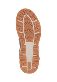 Podeszwa buta z wytrzymałym, wielokierunkowym wzorem bieżnika. Kolor brązowy z pomarańczowymi i białymi akcentami. Wykonana z gumy.