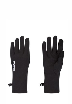 Pair of black gloves with a clip to connect them, one showing the back with white branding, the other showing the palm with grip texture.