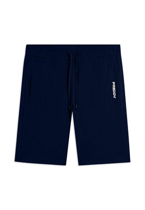 Pantalones cortos hasta la rodilla de color azul marino con cintura elástica, cordón ajustable, bolsillos laterales y logo blanco "FREDDY" en el bolsillo derecho.
