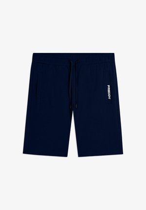 Pantaloncini blu navy fino al ginocchio con vita elastica, coulisse, tasche laterali e logo bianco "FREDDY" sulla tasca destra.