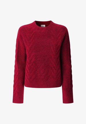 Suéter rojo con un patrón de tejido de cables texturizado, cuello redondo y mangas largas. Confeccionado con tela suave y cálida, presenta un corte cropped.
