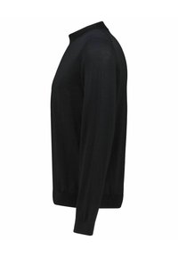 Pull noir en maille douce, avec un col haut, des manches longues et des bords côtelés au niveau des poignets et de l'ourlet pour une silhouette ajustée.