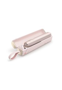 Dispositivo elettrico portatile in una custodia rosa e crema con una texture marmorizzata. Il dispositivo ha un corpo argento elegante e una parte superiore rotonda.