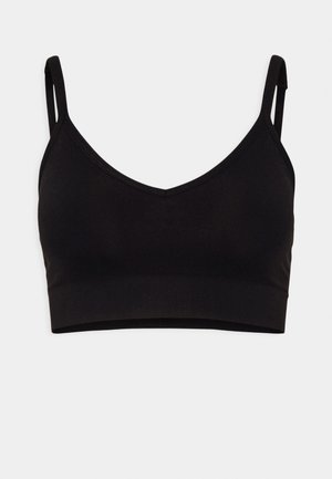 Bralette nera con design a scollo a V, spalline sottili regolabili e un tessuto liscio e elastico. Costruzione semplice e senza cuciture, senza hardware aggiuntivo.