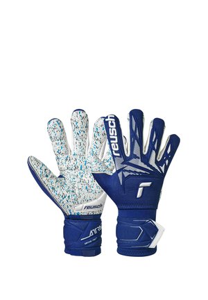 Par de guantes de portero azules y blancos con palmas texturizadas y correas ajustables en la muñeca, con el logo de la marca Reusch.