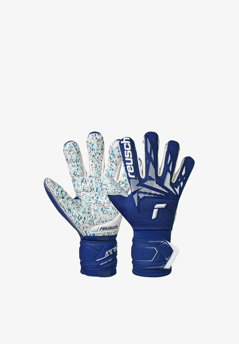 Pair of blue and white goalkeeper gloves with textured palms and adjustable wrist straps, featuring the Reusch brand logo.