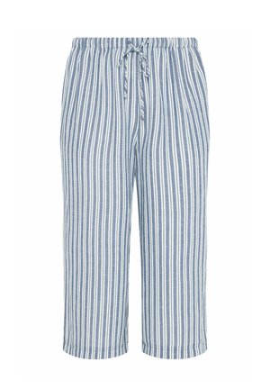 Pantalon court à rayures verticales bleu et blanc, doté d'une ceinture élastique et d'un cordon de serrage à l'avant.