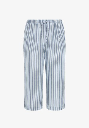 Pantaloni corti a righe verticali bianche e blu con elastico in vita e coulisse frontale.