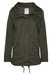 Kurtka oliwkowa z zamkiem błyskawicznym z przodu, regulowanym sznurowanym pasem i dwoma bocznymi kieszeniami, wykonana z wytrzymałego materiału. W zestawie kaptur.